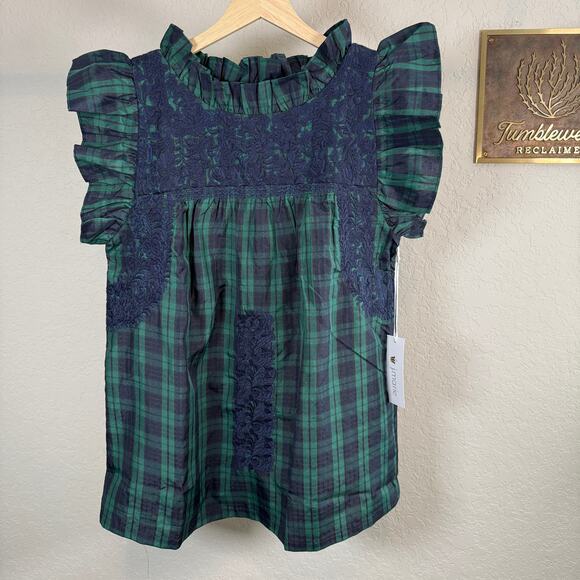 Women's J.Marie Green and Blue Plaid Embroidered Ruffle Sleeve Blouse Size S NEW - Picture 9 of 10
